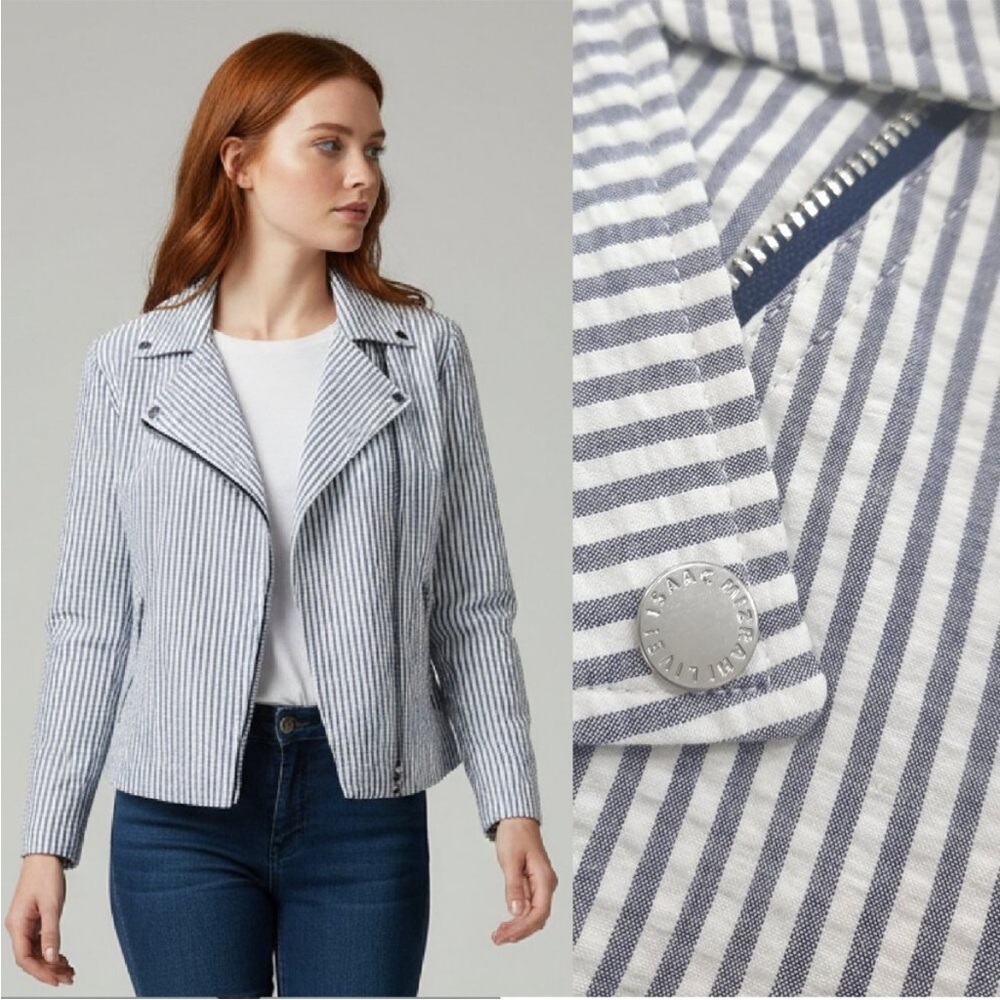 Isaac Mizrahi Live! Bold edgy Seersucker Motorcycle Jacket Gray White Lined 18W